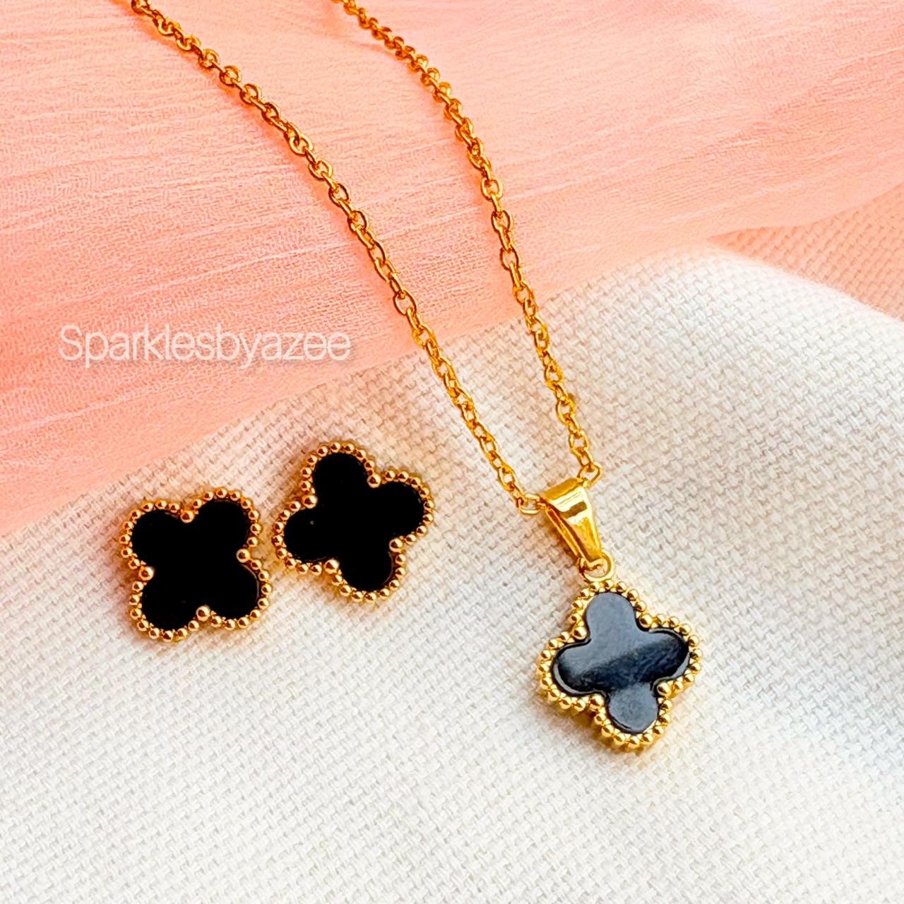 Double Sided Black Clover Set Necklace & Studs (18K Gold Plated)